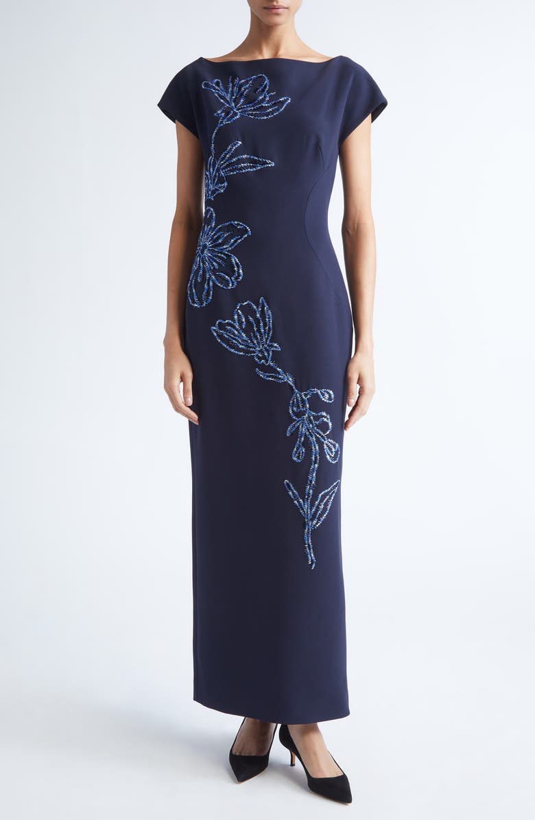Lela Rose Ikat Floral Embroidered Stretch Crepe Gown, Main, color, Navy/ Blue