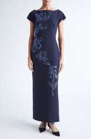 Lela Rose Ikat Floral Embroidered Stretch Crepe Gown