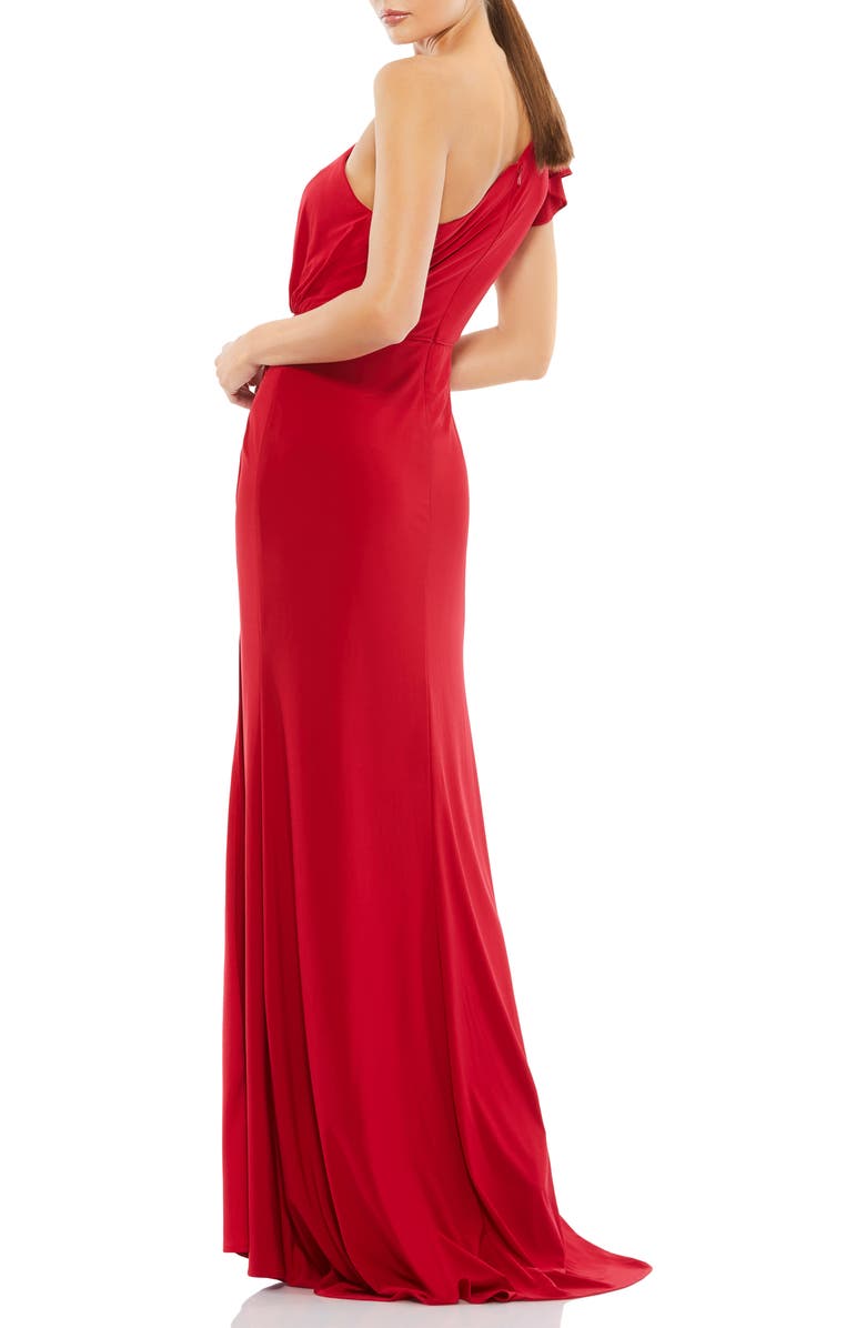 Mac Duggal Asymmetric One-Shoulder Jersey Gown with Ruffle Sleeve and Thigh-High Slit, Alternate, color, Red