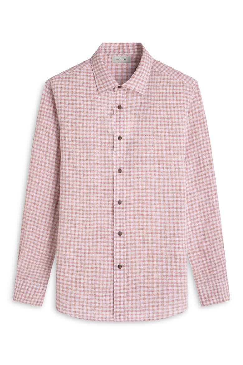 Karl Shaped Fit Gingham Check Linen Button-Up Shirt, Alternate, color, BRICK