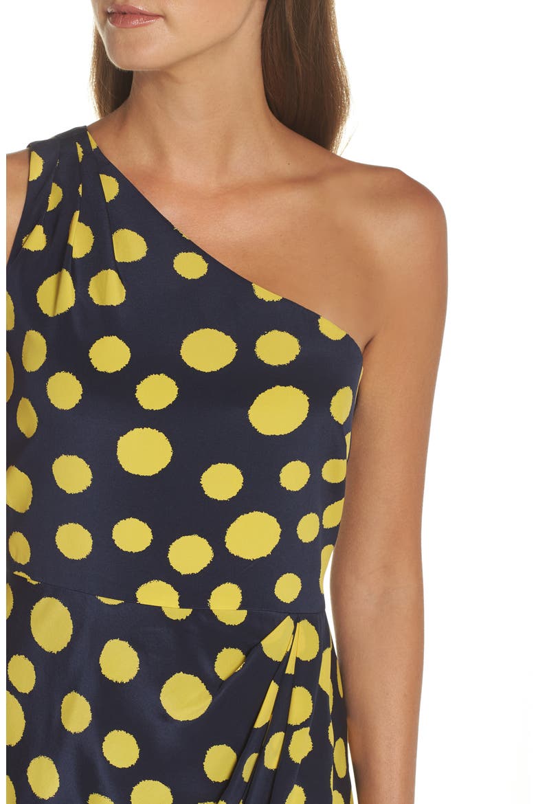 Polka Dot One-Shoulder Silk Dress, Alternate, color, NAVY