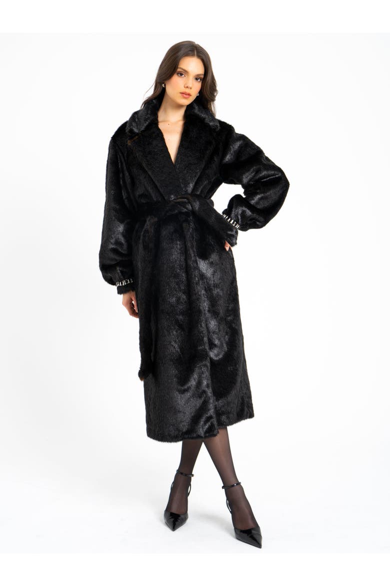 Yahia Vegan Longline Coat with Faux Mink, Alternate, color, Black