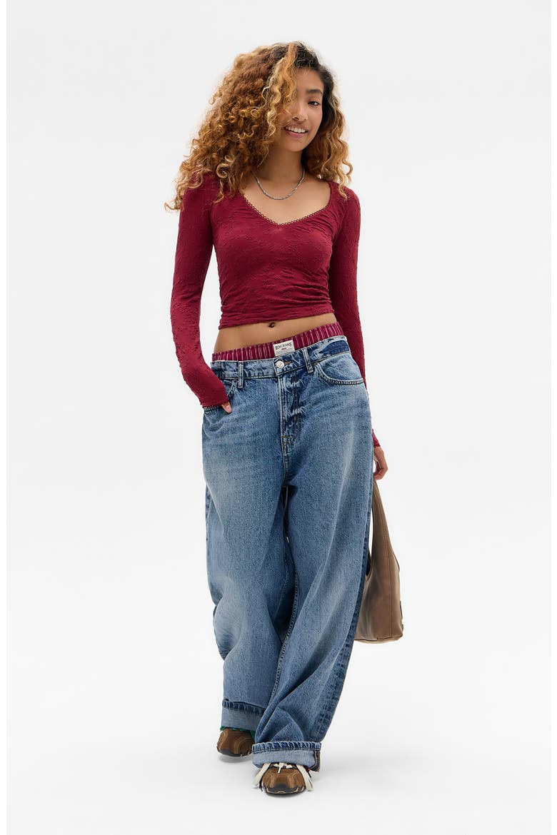 Textured V-Neck Long Sleeve Crop Top, Alternate, color, MAROON