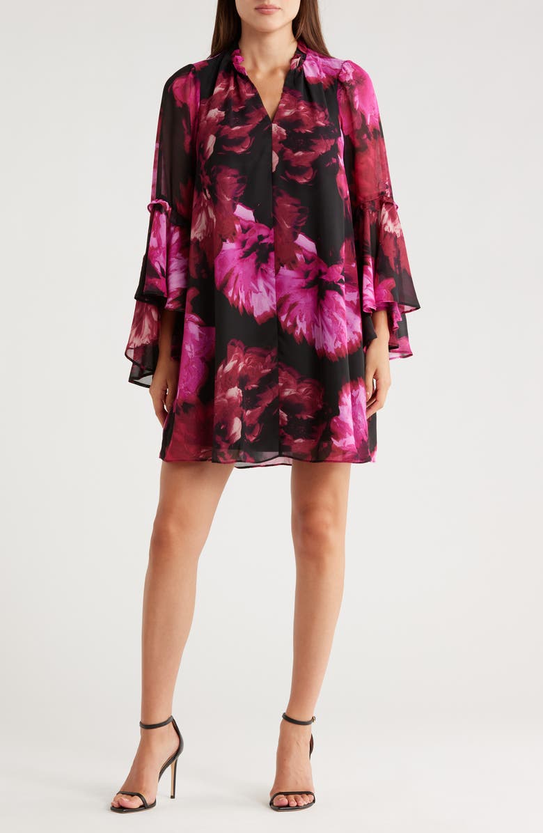 London Times Cascade Long Sleeve A-Line Dress, Main, color, Black/ Flame