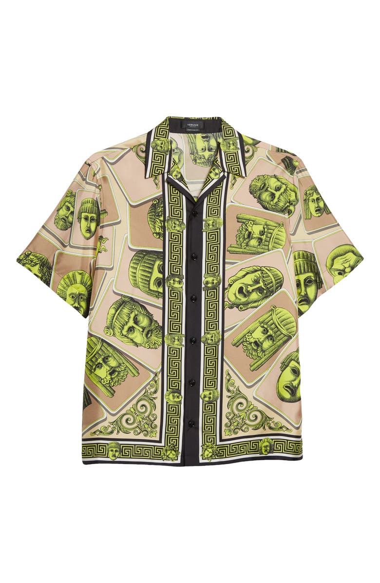 Versace Masks Print Short Sleeve Silk Camp Shirt, Alternate, color, 
