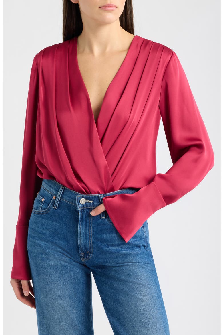 Surplice Long Sleeve Satin Bodysuit, Main, color, RASPBERRY