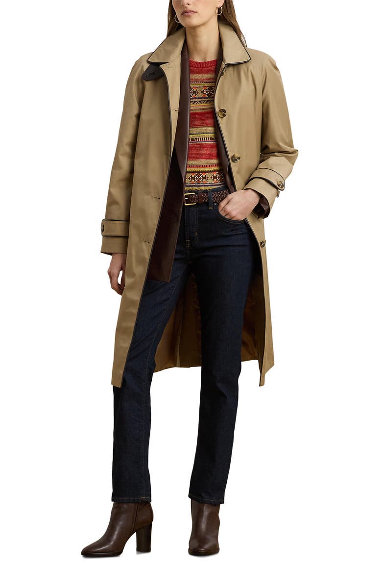 Balmacaan Single Breasted Raincoat with Faux Leather Trim, Alternate, color, SAND