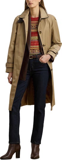 Balmacaan Single Breasted Raincoat with Faux Leather Trim