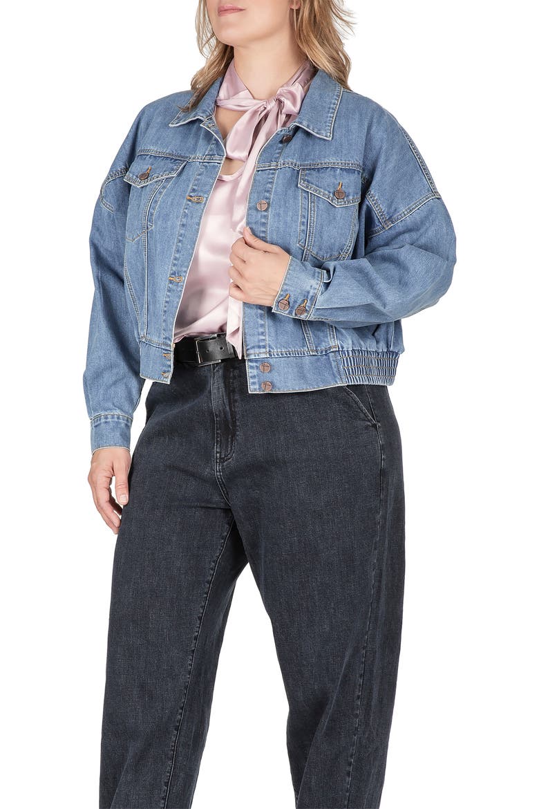 Smocked Hem Denim Jacket, Alternate, color, STONEWASH