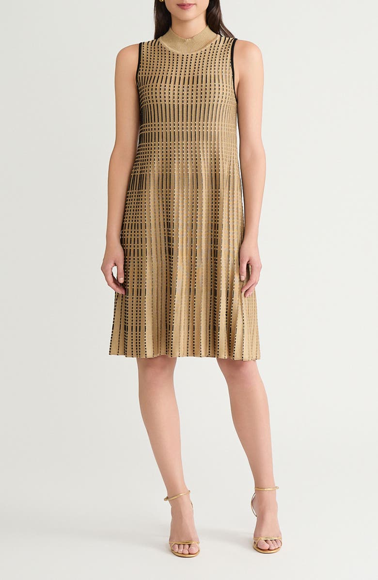 Ming Wang x Tanya Foster Metallic Linear Pleat Knit Dress, Main, color, Gold/ Black