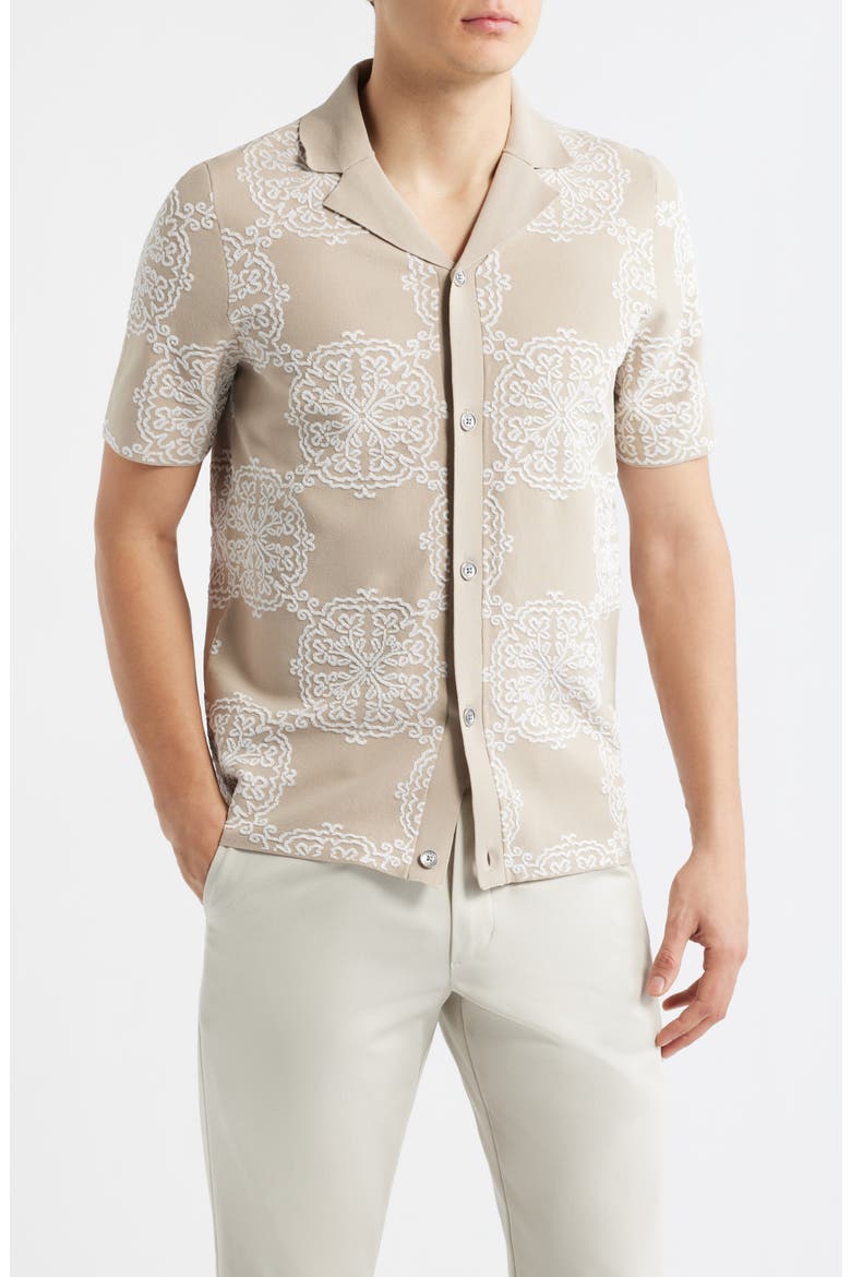 Gabriel Jacquard Cotton Blend Knit Camp Shirt, Main, color, CHAMPAGNE/ WHITE