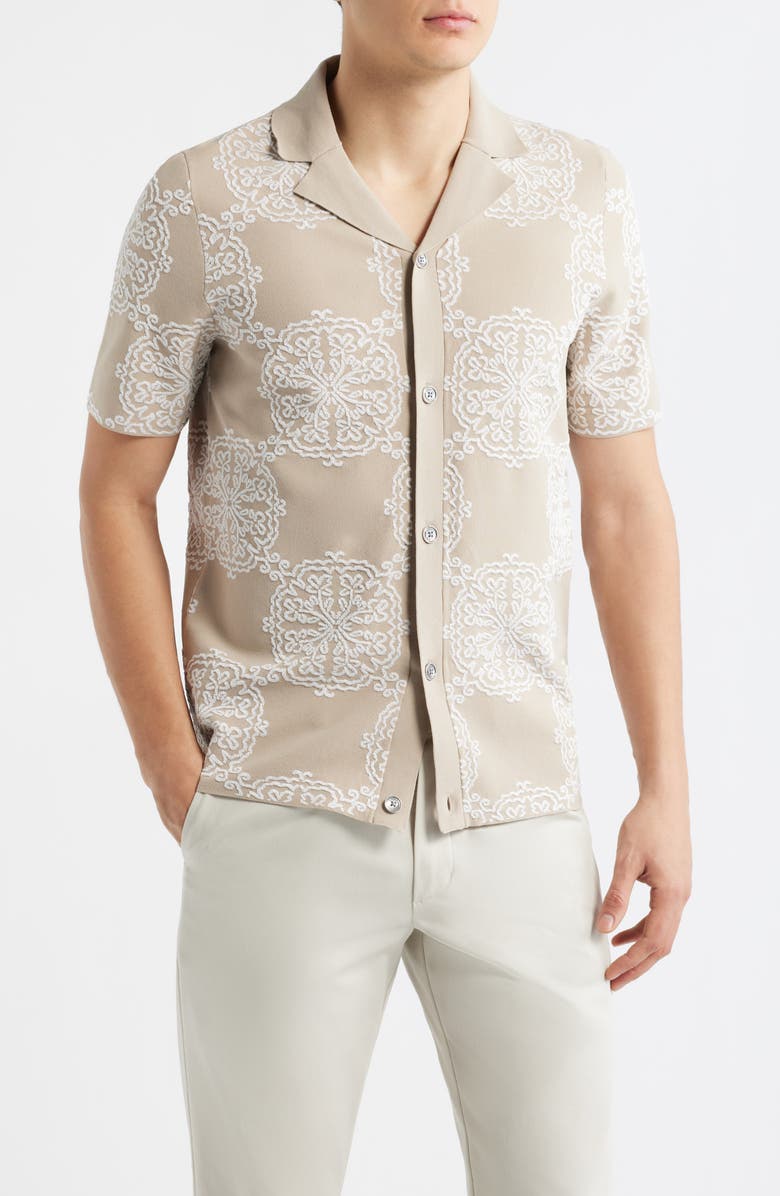 Reiss Gabriel Jacquard Cotton Blend Knit Camp Shirt, Main, color, Champagne/ White