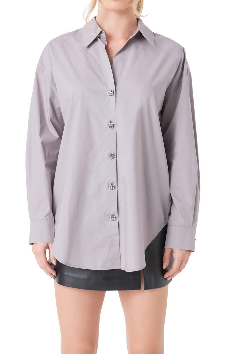 Embellished Oversize Cotton Shirt, Alternate, color, GREY