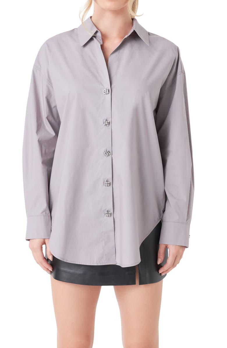 Endless Rose Embellished Oversize Cotton Shirt, Alternate, color, Grey
