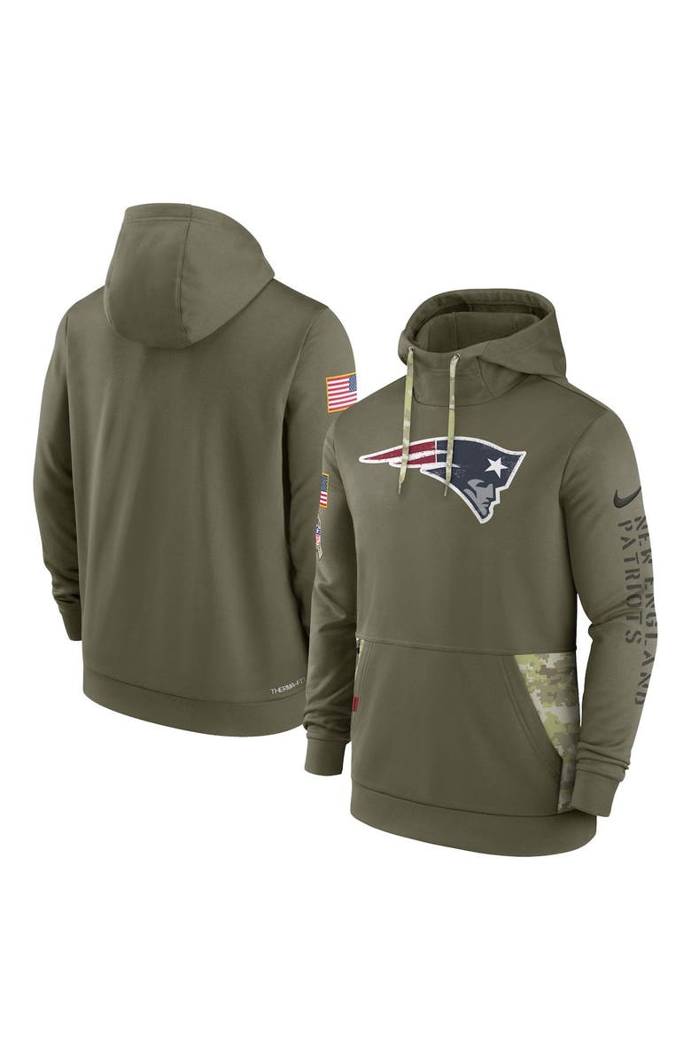 Nike Men's Nike Olive New England Patriots 2022 Salute to Service Therma Performance Pullover Hoodie, Main, color, 