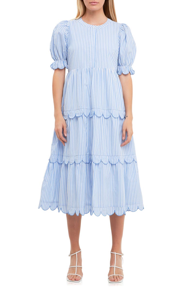 English Factory Stripe Scallop Edge Tiered Midi Dress, Main, color, Blue Stripe