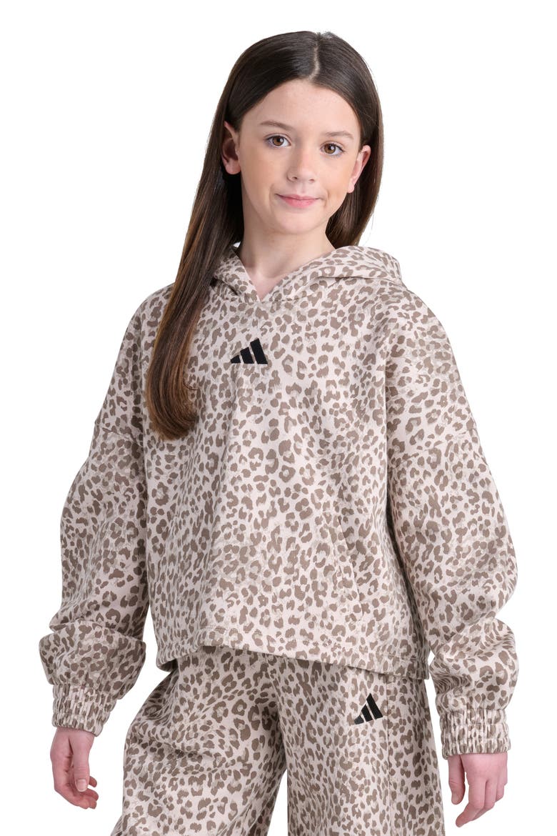 Kids' Leopard Print Pleated Sleeve Hoodie, Main, color, MEDIUM BEIGE