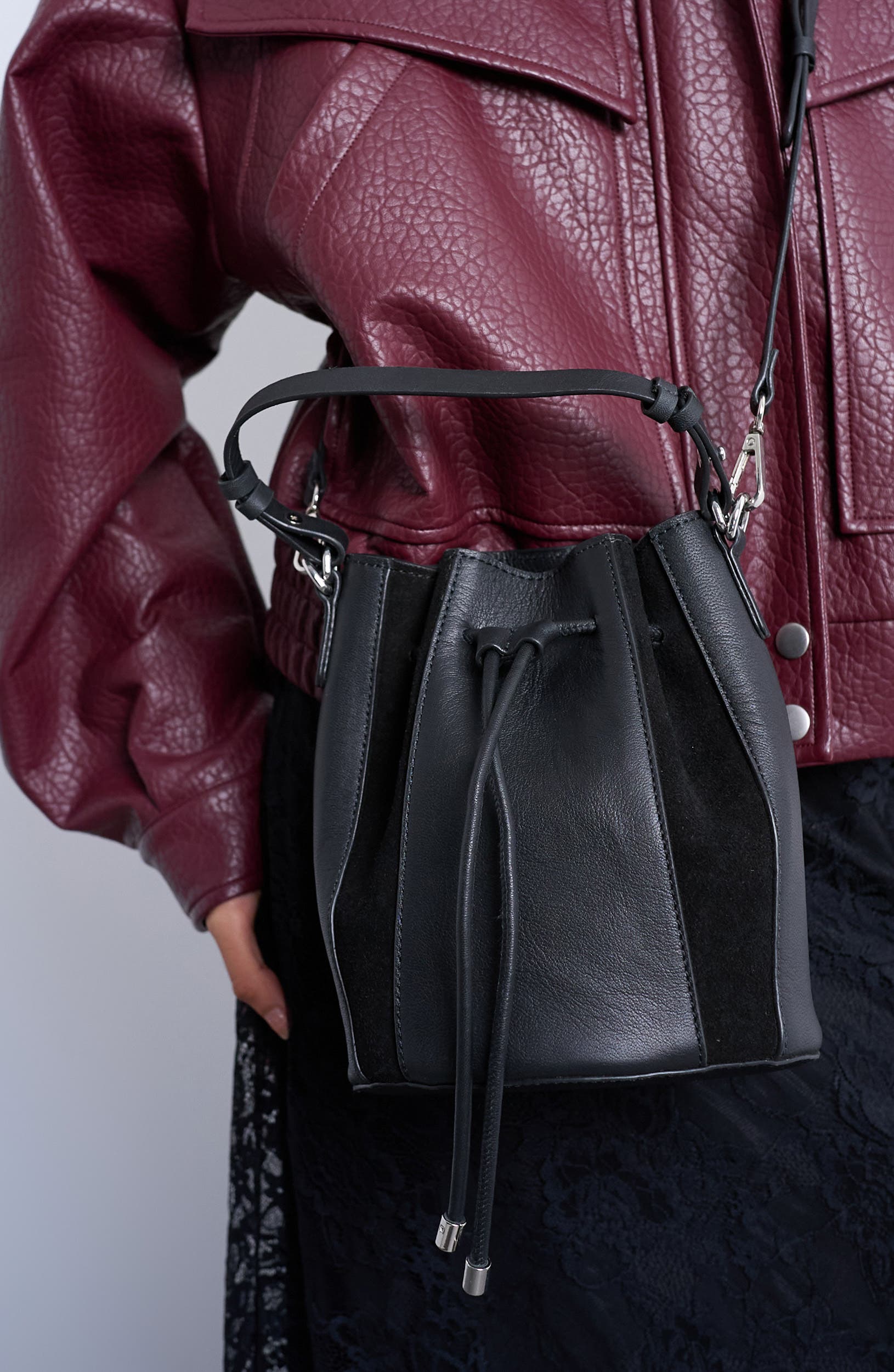 Topshop Colette Leather & Suede Bucket Bag, Main, color, Black