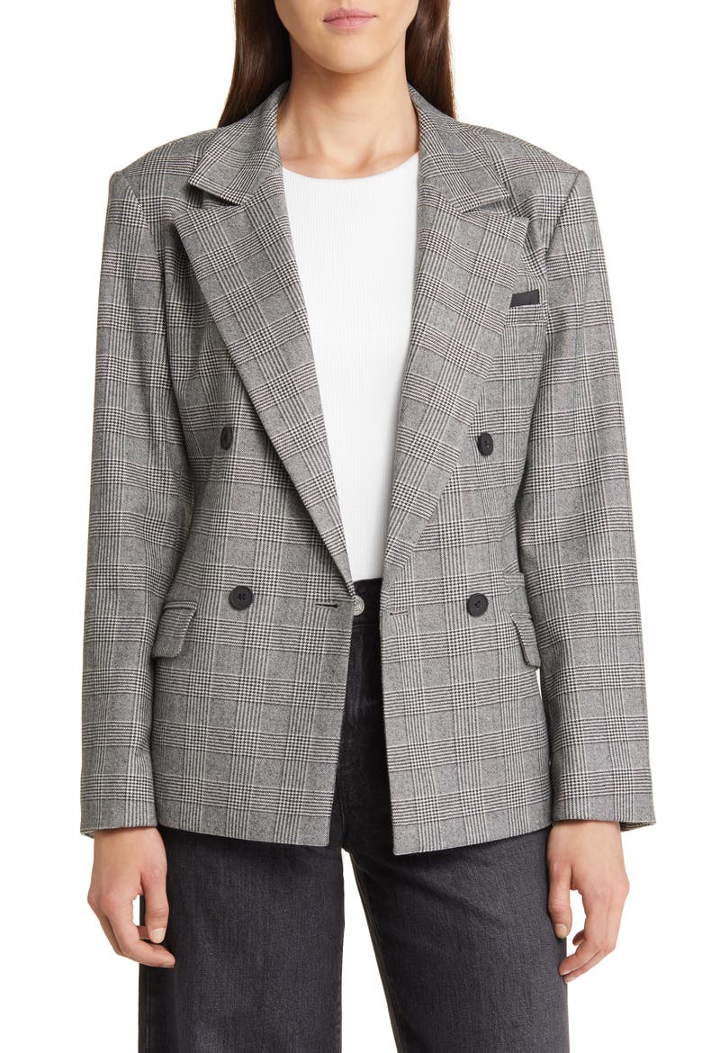 Bea Check Double Breasted Wool Blend Blazer, Main, color, GREY