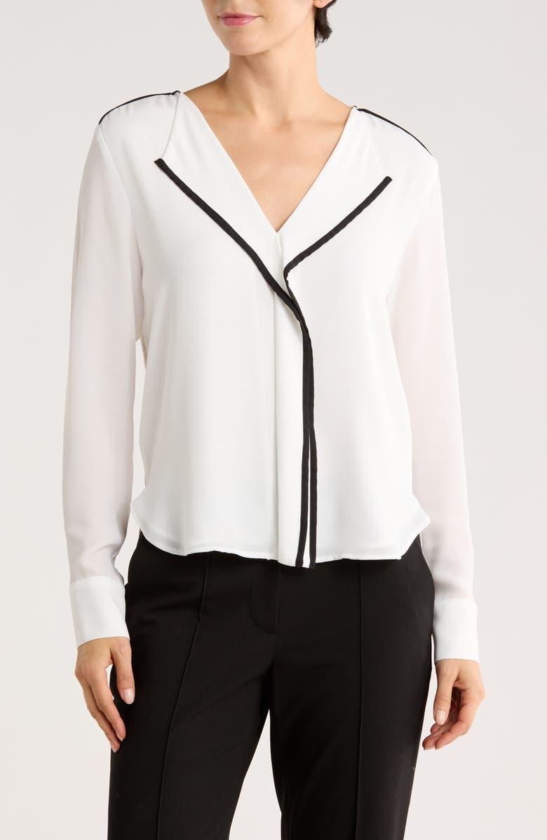 DKNY Long Sleeve Contrast Ruffle Top, Main, color, Linen White