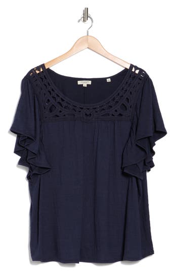 Max Studio Lace Trim Flutter Sleeve Top