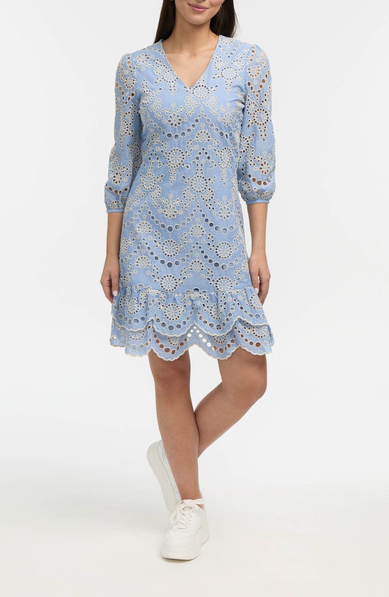 Ellen Tracy Embroidered Eyelet V-Neck Minidress, Main, color, Blue