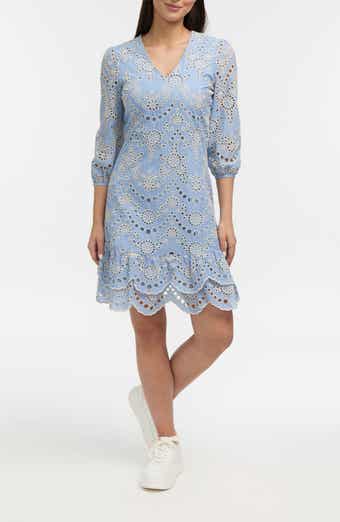 Ellen Tracy Embroidered Eyelet V-Neck Minidress