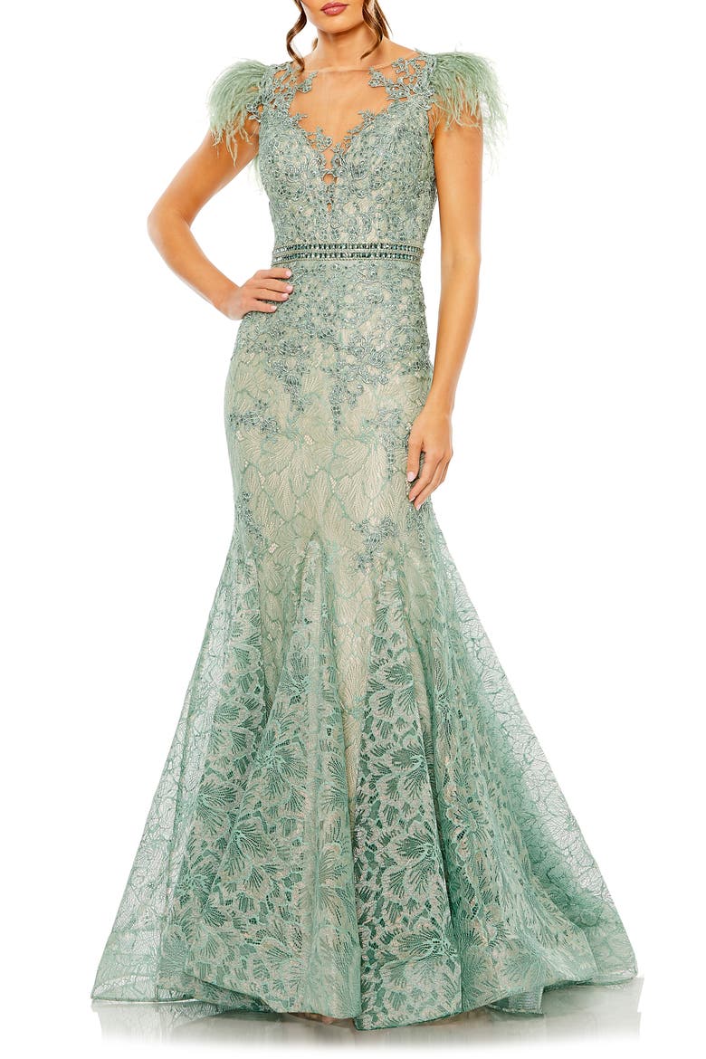 Embellished Feather Cap Sleeve Illusion Neck Trumpet Gown, Main, color, SAGE