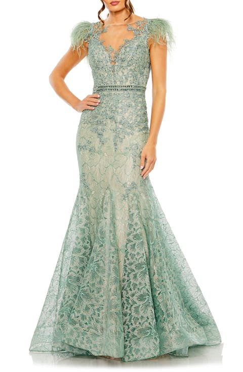 Embellished Feather Cap Sleeve Illusion Neck Trumpet Gown
