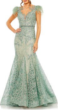 Mac Duggal Embellished Feather Cap Sleeve Illusion Neck Trumpet Gown