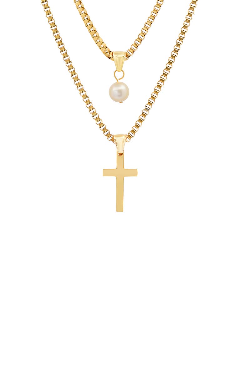 18K Gold Plated Stainless Steel Imitation Pearl & Cross Pendant Layered Necklace, Main, color, YELLOW
