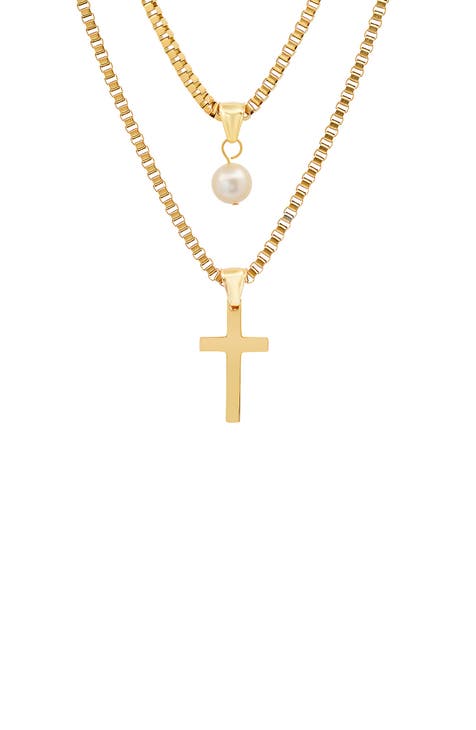 18K Gold Plated Stainless Steel Imitation Pearl & Cross Pendant Layered Necklace