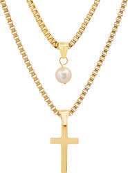 HMY JEWELRY 18K Gold Plated Stainless Steel Imitation Pearl & Cross Pendant Layered Necklace