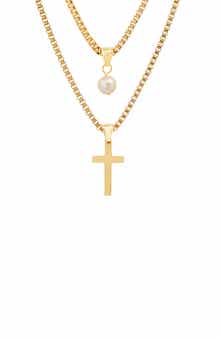 HMY JEWELRY 18K Gold Plated Stainless Steel Imitation Pearl & Cross Pendant Layered Necklace