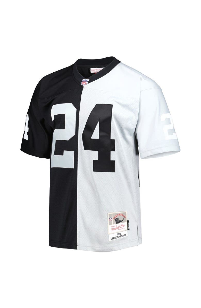 Mitchell & Ness Men's Mitchell & Ness Charles Woodson Black/Silver Las Vegas Raiders 1998 Split Legacy Replica Jersey, Alternate, color, Black