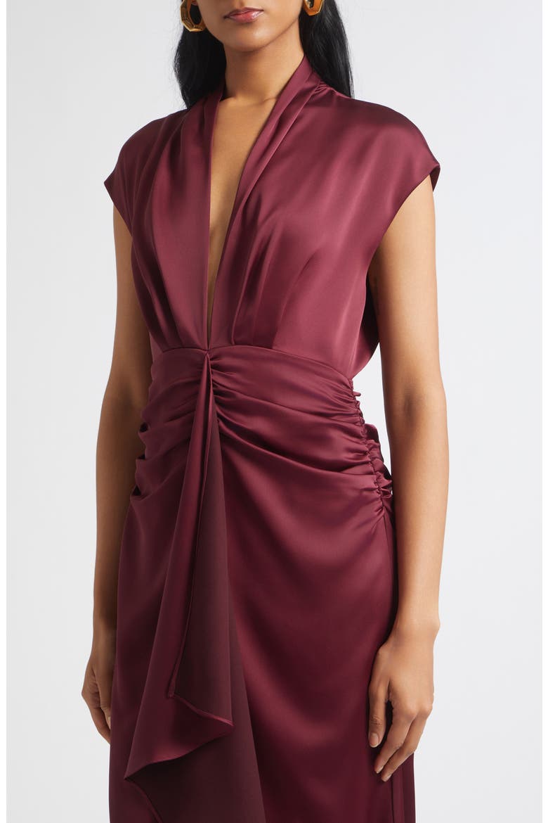 Catrin Plunge Neck Center Ruched Satin Gown, Alternate, color, CRANBERRY