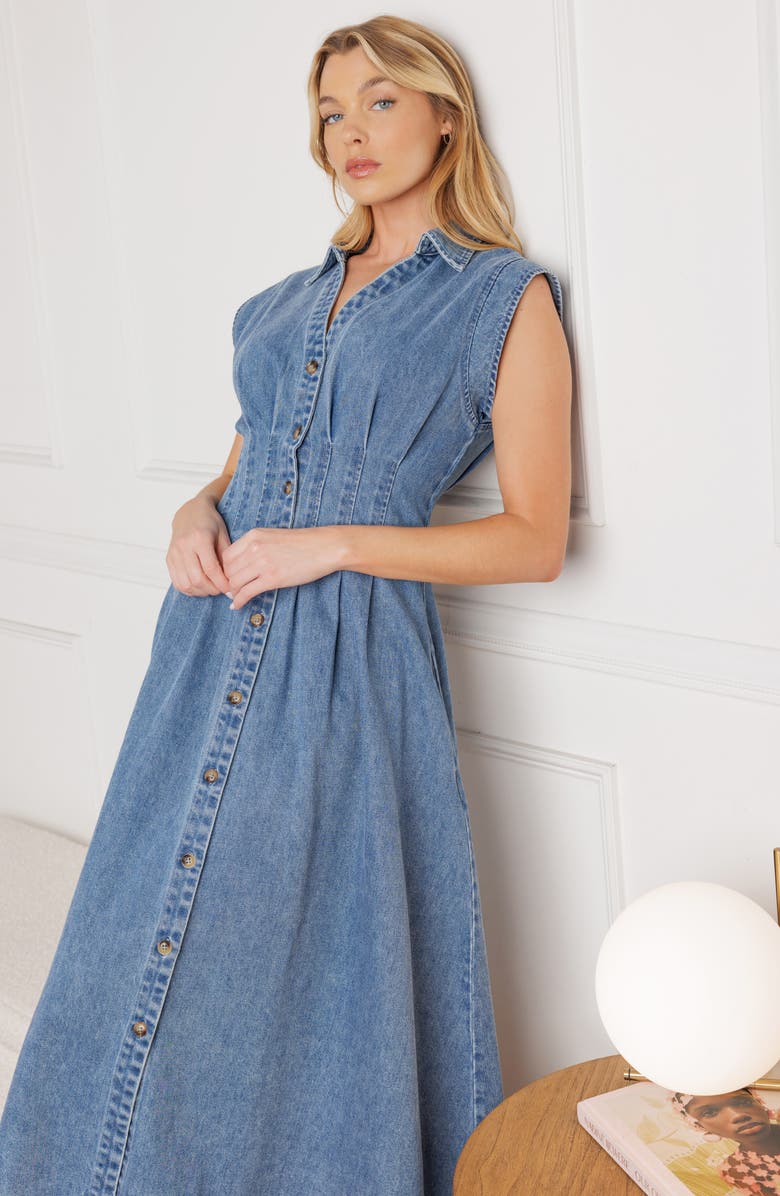 FLYING TOMATO Denim Button Front Midi Dress, Alternate, color, Medium Indigo