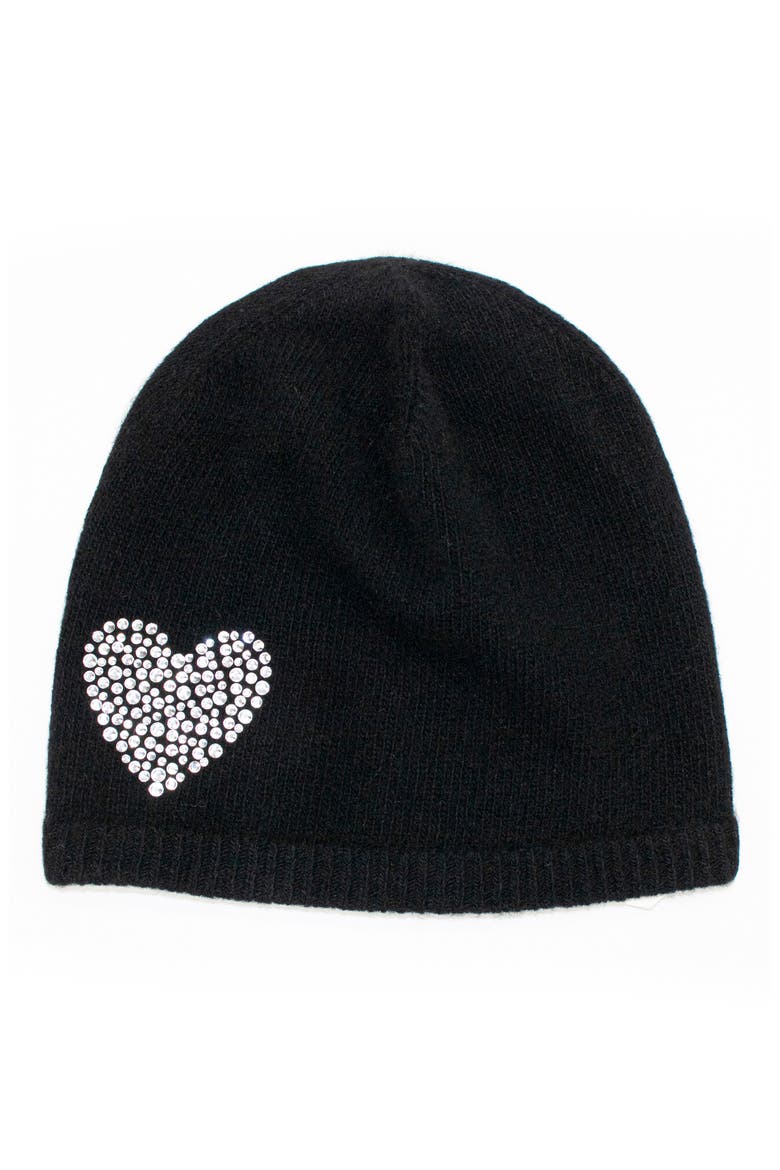 Crystal Heart Cashmere Beanie, Main, color, BLACK/ CRYSTAL