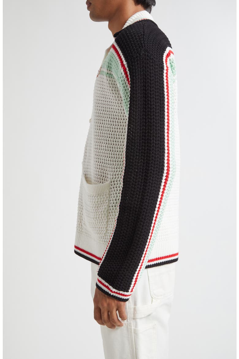 Camp Collar Long Sleeve Cotton Crochet Cardigan, Alternate, color, WHITE/ BLACK MULTI