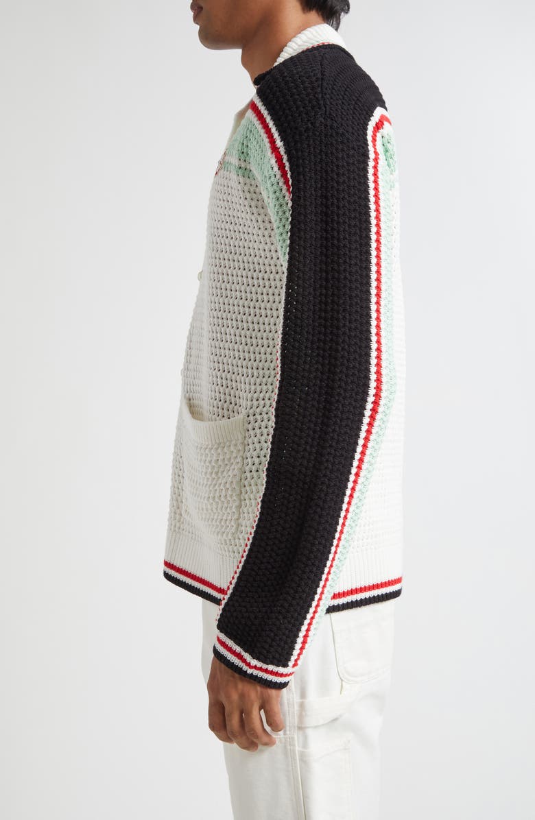 Casablanca Camp Collar Long Sleeve Cotton Crochet Cardigan, Alternate, color, White/ Black Multi