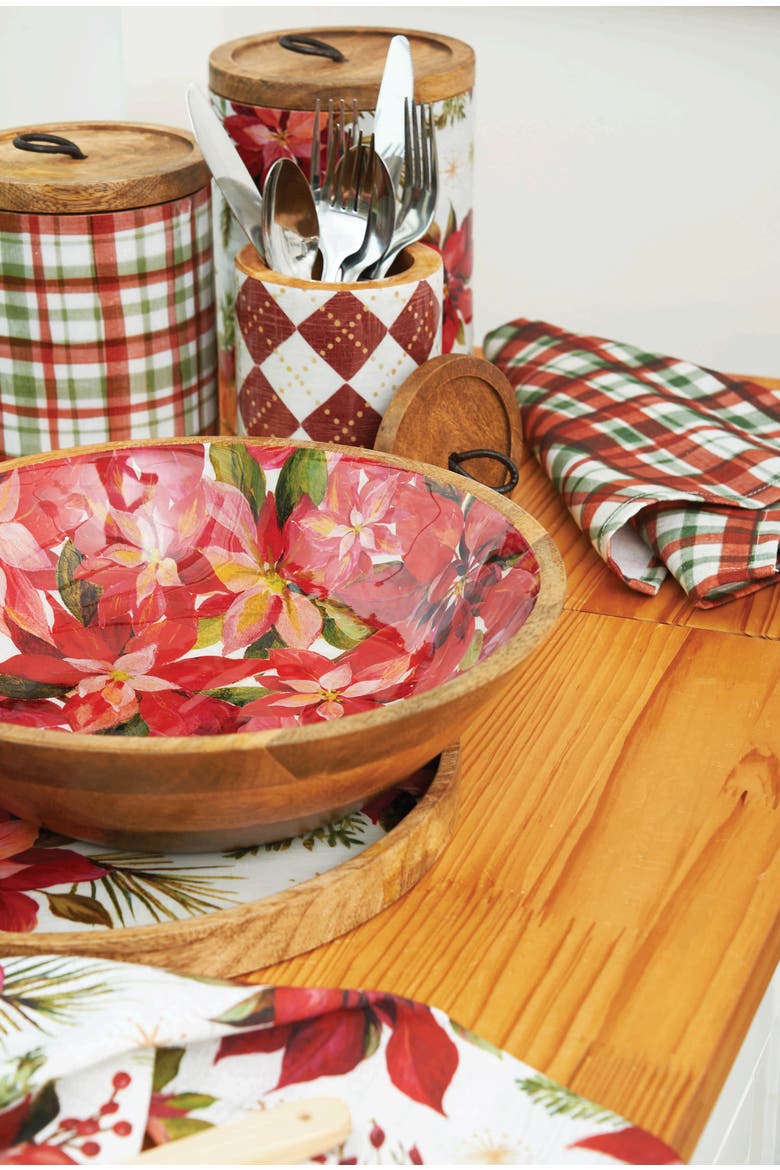 Poinsettia Xmas Mango Wood Canister Lg, Alternate, color, Red
