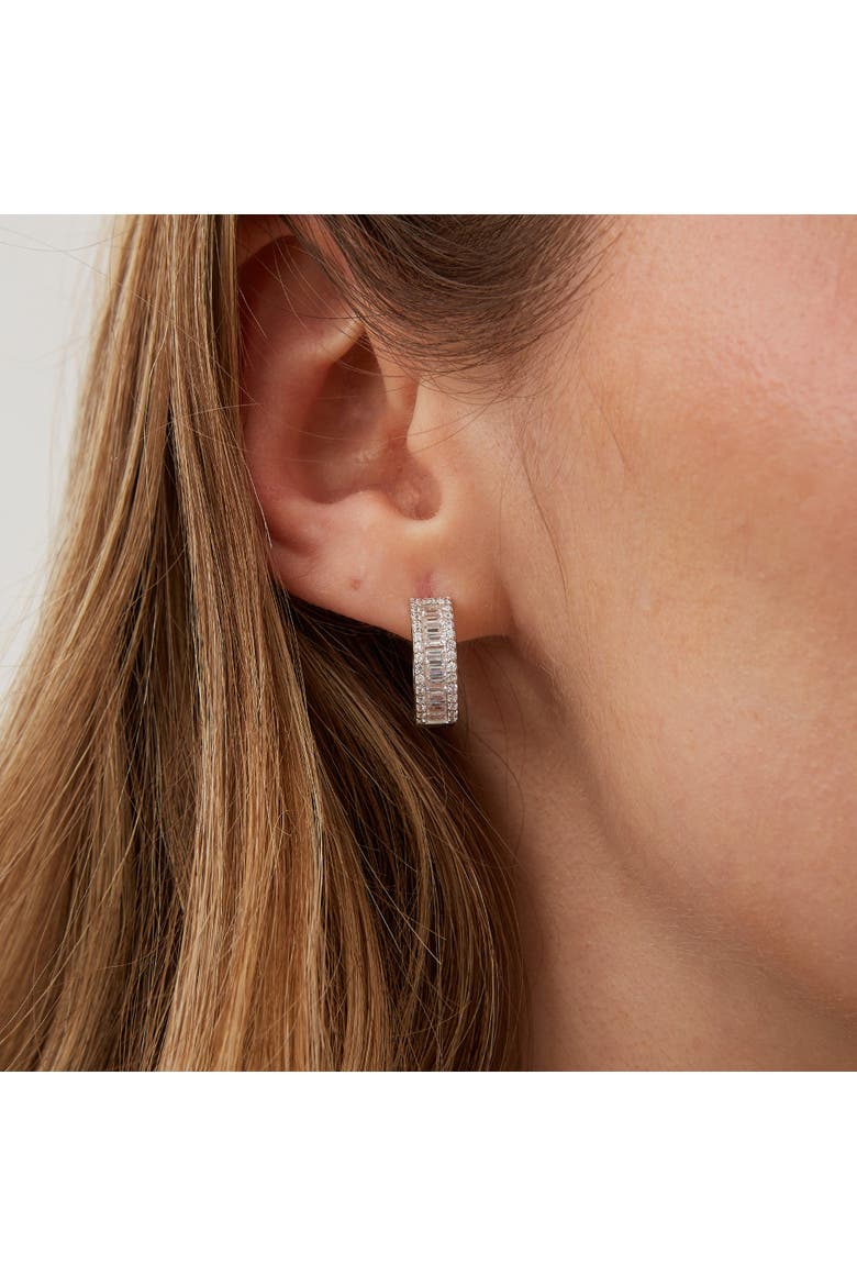 Baguette Cubic Zirconia Sterling Silver Pave Hoop Earrings, Alternate, color, Silver