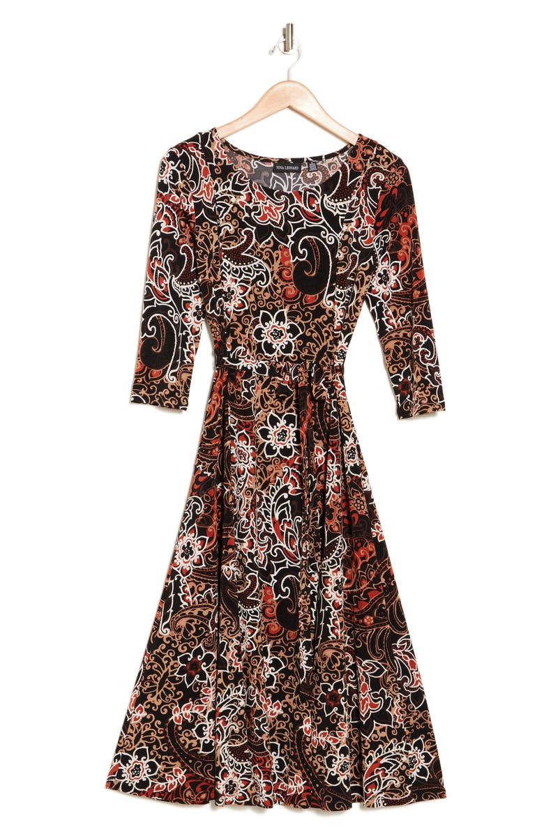 Nina Leonard Sylvia Printed Tie Waist Midi Dress, Alternate, color, Black Rust Combo