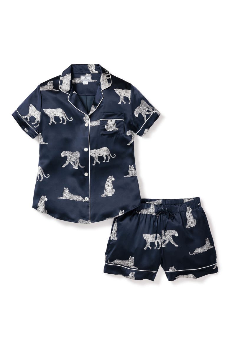 Panthre de Nuit Piped Mulberry Silk Short Pajamas, Alternate, color, NAVY