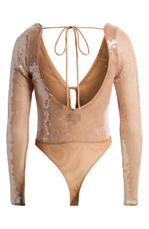 Bardot Verona Sequin Long Sleeve Bodysuit In Beige