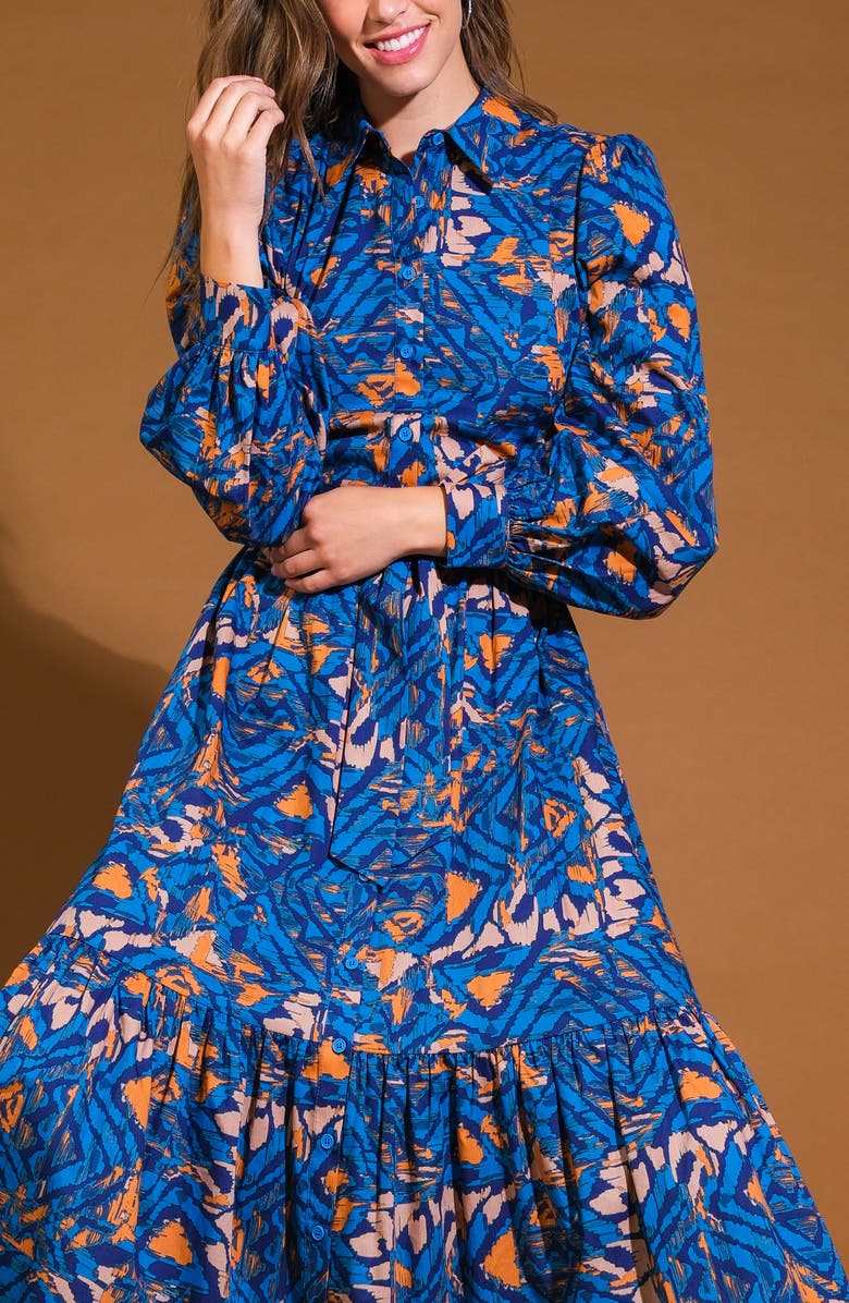 FLYING TOMATO Print Long Sleeve Cotton Midi Shirtdress, Alternate, color, Blue Rust