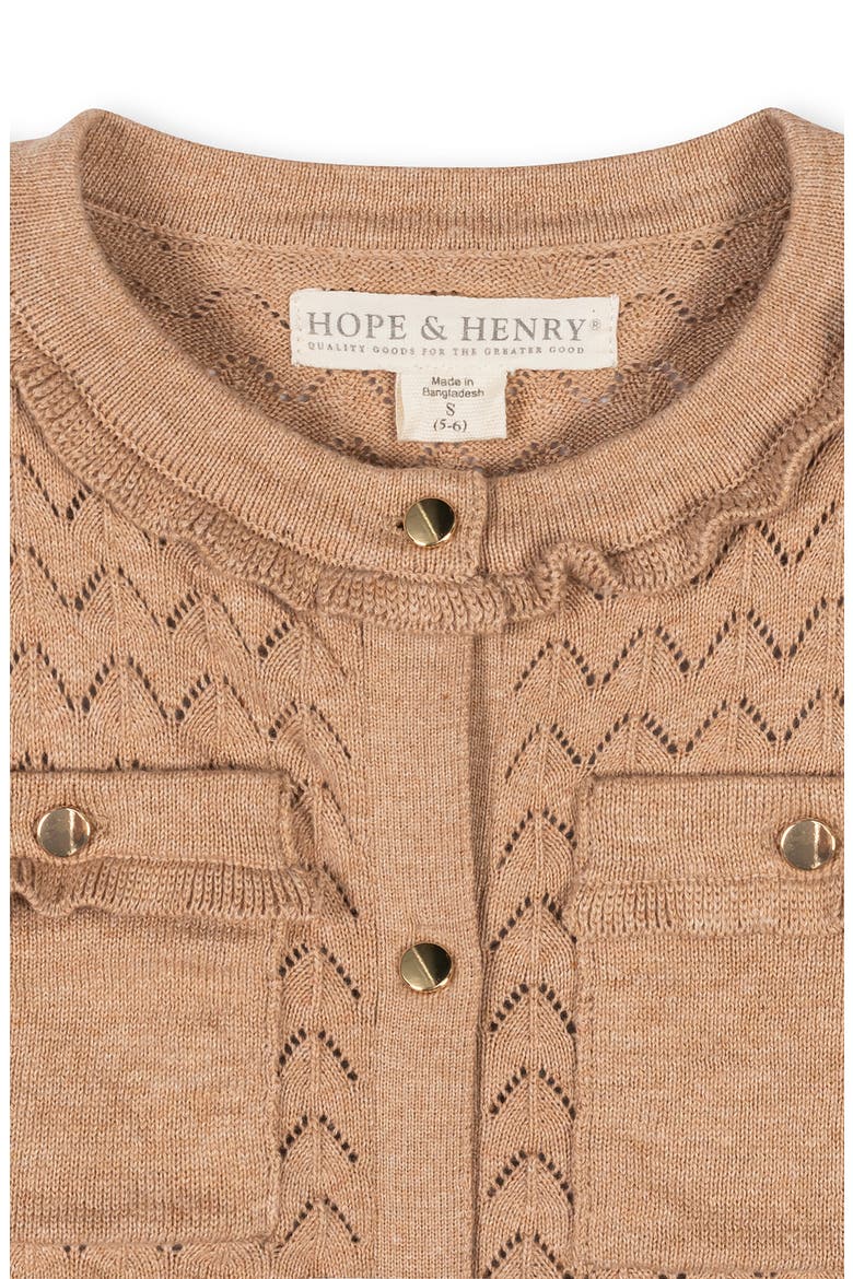 Kids' Organic Ruffle Trim Pointelle Cardigan, Alternate, color, Camel Heather