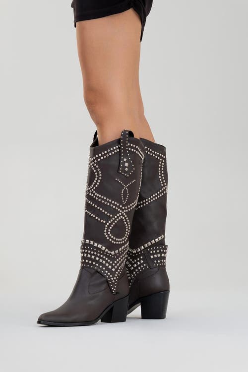 Prologue Shoes Draga Studded Block Heel Knee High Boot In Brown