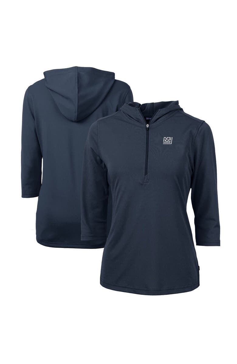 Cutter & Buck Women's Cutter & Buck Navy New York Giants Throwback Logo Virtue Eco Pique 3/4 Sleeve Half-Zip Pullover Hoodie, Main, color,