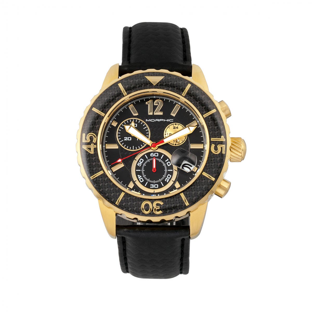 Morphic M51 Series Chronograph Leather-Band Watch w/Date in Gold/black 